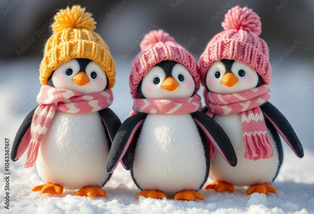 Fototapeta premium Cute Penguin Friends in Winter Hats and Scarves
