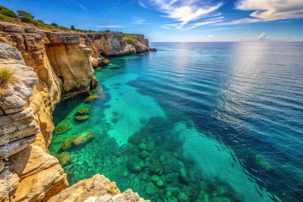 Rocky cliff overlooking turquoise waters of bay Rocky cliff overlooking turquoise waters of bay