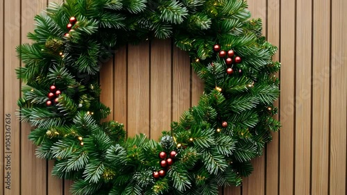 Festive Christmas wreath with red berries on wooden background, perfect for holiday and winter decor