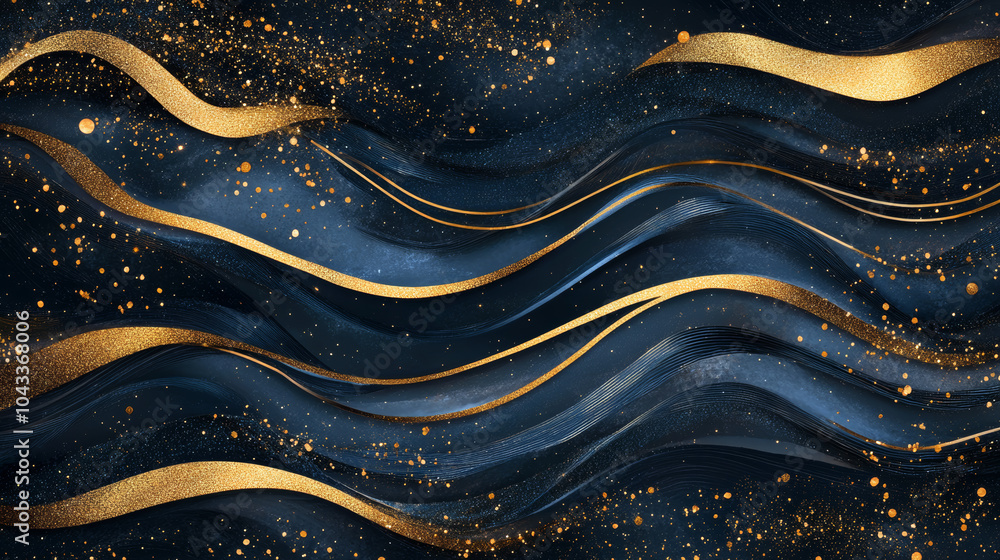 A stylish design with dark blue and gold waves, shimmering with golden stripes and glitter. It's perfect for a luxurious and elegant presentation, banner, or cover. A stylish design with dark blue and gold waves, shimmering with golden stripes and glitter. It's perfect for a luxurious and elegant presentation, banner, or cover.