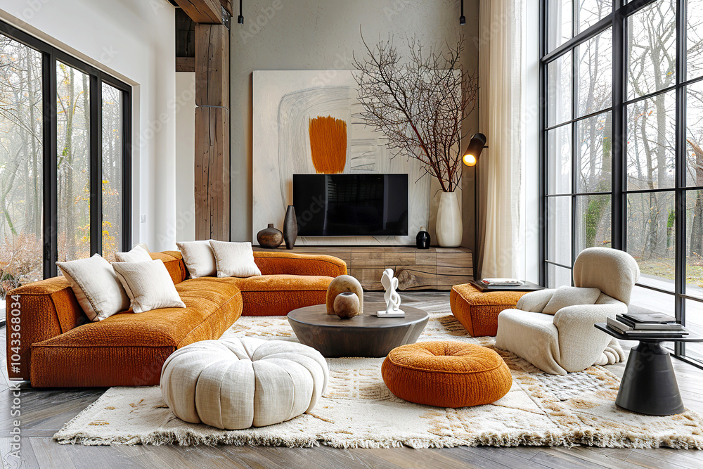 Minimalist home interior design of modern living room with orange ...