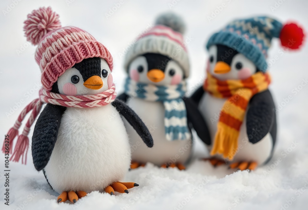 Fototapeta premium Cute Penguin Plush Toys Wearing Winter Hats and Scarves in Snow
