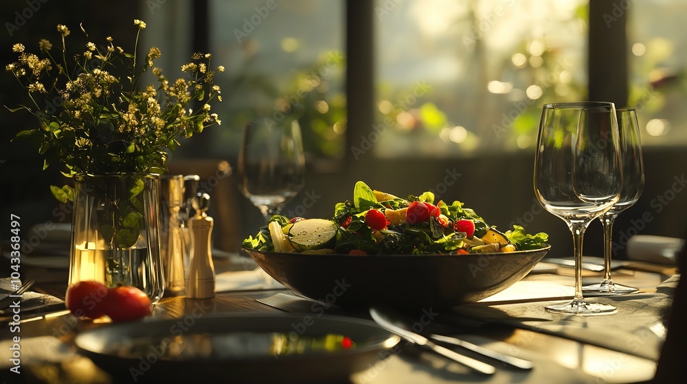 a table topped with plates of food and glasses of wine next to a bowl of salad and a glass of wine on top of a table. generative ai a table topped with plates of food and glasses of wine next to a bowl of salad and a glass of wine on top of a table. generative ai