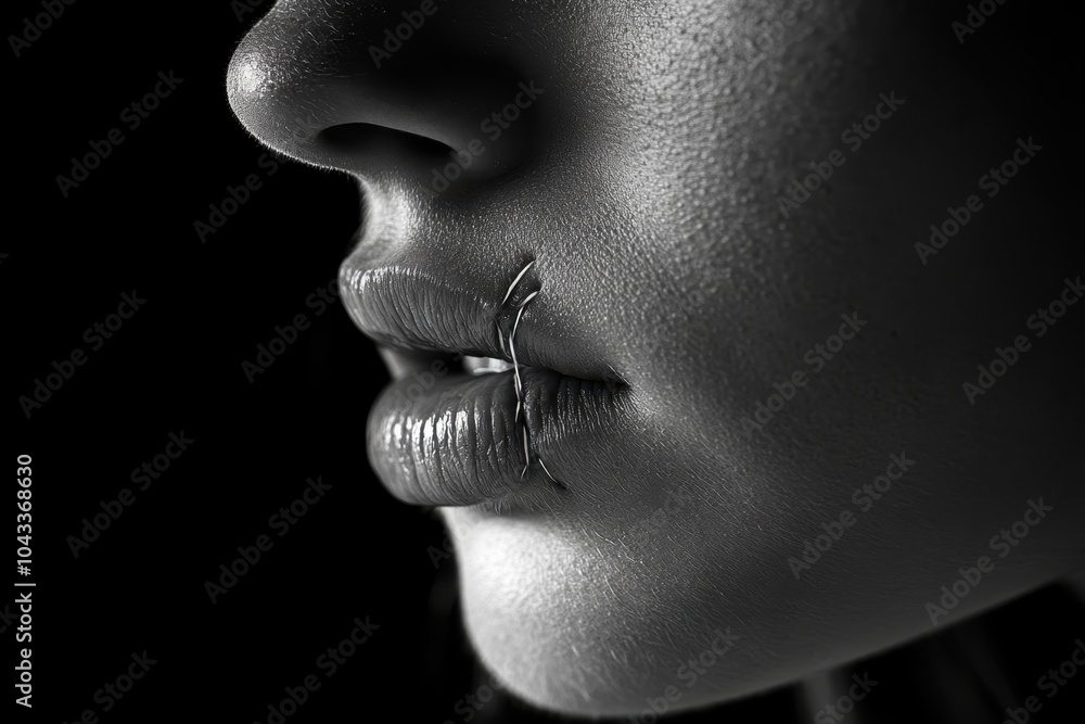 A close-up of a person’s lips sewn shut, representing the extreme measures taken to prevent speech, illustrating the harsh realities of silenced voices A close-up of a person’s lips sewn shut, representing the extreme measures taken to prevent speech, illustrating the harsh realities of silenced voices