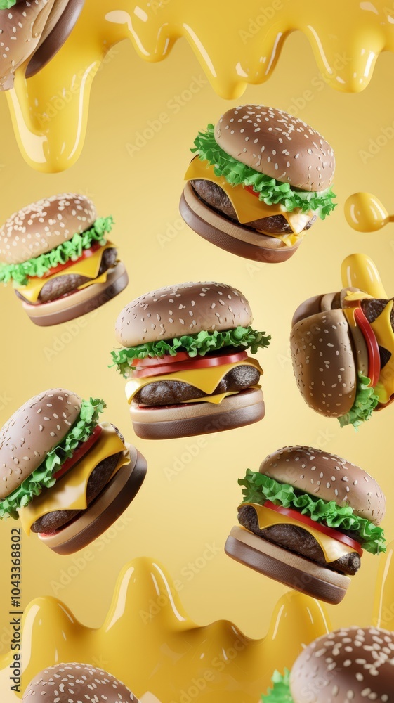 Various burgers floating, yellow background with melted cheddar cheese, fast food concept. Various burgers floating, yellow background with melted cheddar cheese, fast food concept.