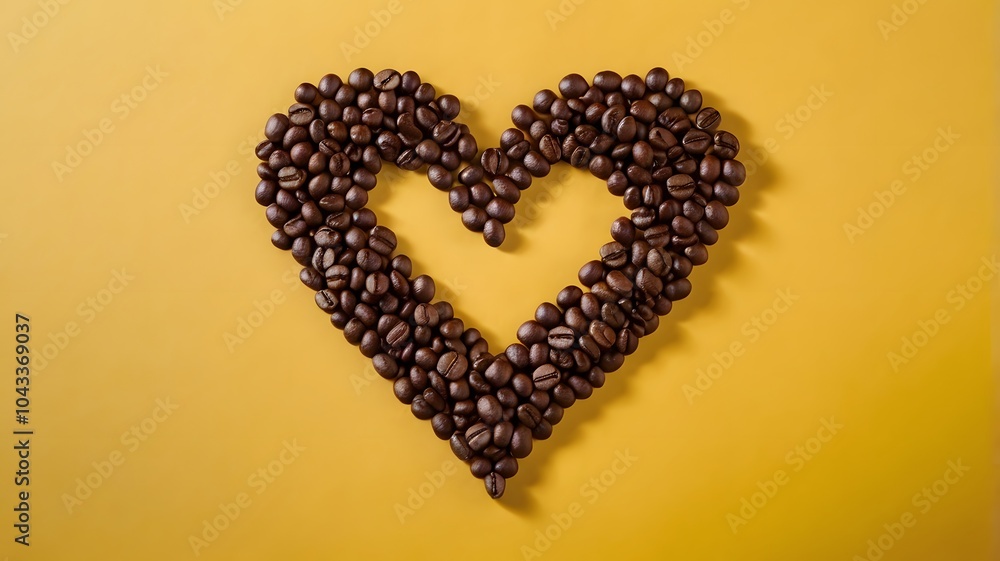 Heart or love shape coffee beans on vibrant yellow solid background, roasted brown caffeine bean warmth & artistic arrangement. top view Heart or love shape coffee beans on vibrant yellow solid background, roasted brown caffeine bean warmth & artistic arrangement. top view