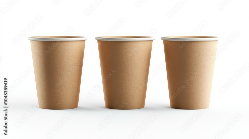 Three paper cups are lined up on a white background Three paper cups are lined up on a white background