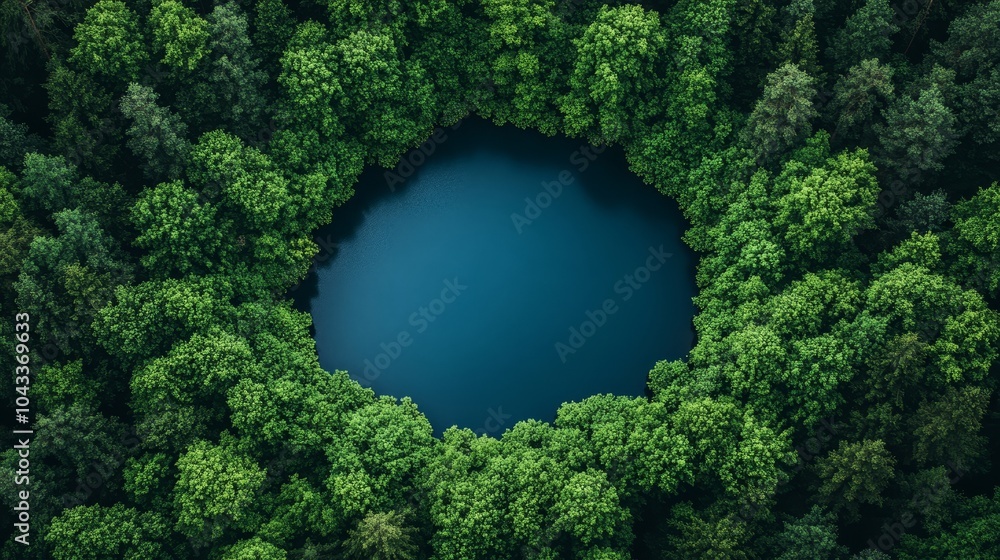 Aerial view of a pond surrounded by lush green forest during a sunny day in the early summer Aerial view of a pond surrounded by lush green forest during a sunny day in the early summer