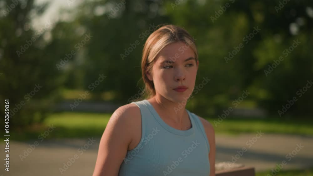 Young lady sitting outdoors looking thoughtfully downward, her face focused with a calm expression, she wears a light blue top while background features vibrant greenery and blurred trees Young lady sitting outdoors looking thoughtfully downward, her face focused with a calm expression, she wears a light blue top while background features vibrant greenery and blurred trees