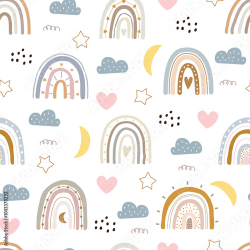 Nursery seamless pattern with cute characters. Rainbow with hearts, hand drawn in cartoon style. design for Newborn apparel, textiles and wallpaper