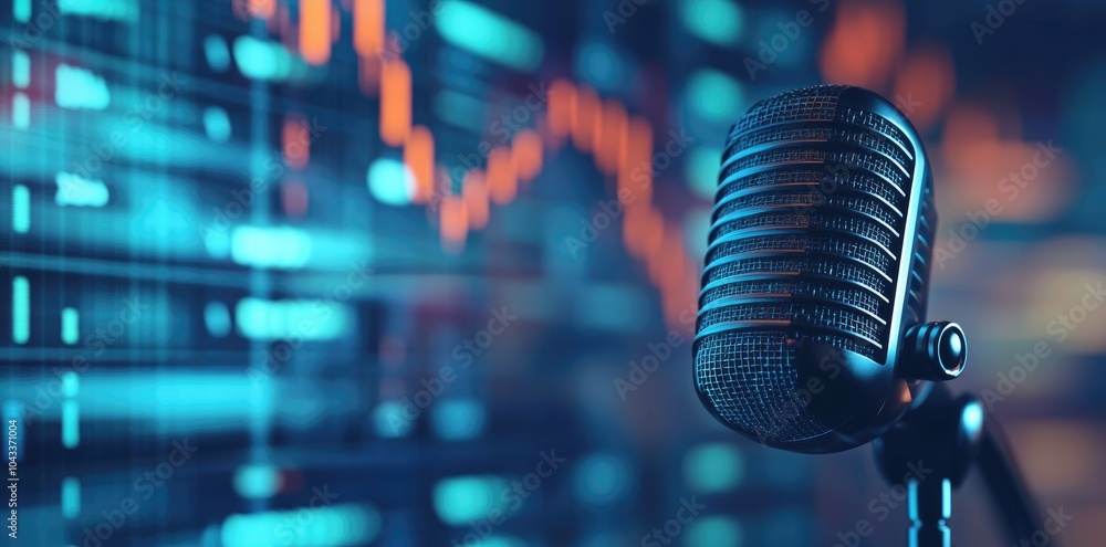 Glowing Retro Microphone with Blue Stock Market Chart in the Background for Podcast or Radio Glowing Retro Microphone with Blue Stock Market Chart in the Background for Podcast or Radio