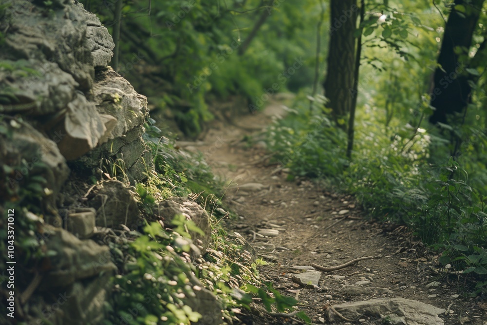 A winding dirt path leads through the woods alongside a worn stone wall A winding dirt path leads through the woods alongside a worn stone wall