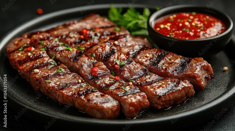 Sizzling grilled steak with spicy sauce and fresh herbs on a plate Sizzling grilled steak with spicy sauce and fresh herbs on a plate