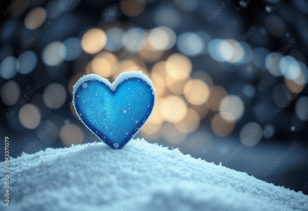 Blue Heart in Snow with Bokeh Lights Winter Love Romance Christmas Decoration Blue Heart in Snow with Bokeh Lights Winter Love Romance Christmas Decoration