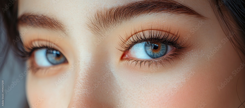 A close-up of meticulously groomed eyebrows displayed under soft lighting A close-up of meticulously groomed eyebrows displayed under soft lighting