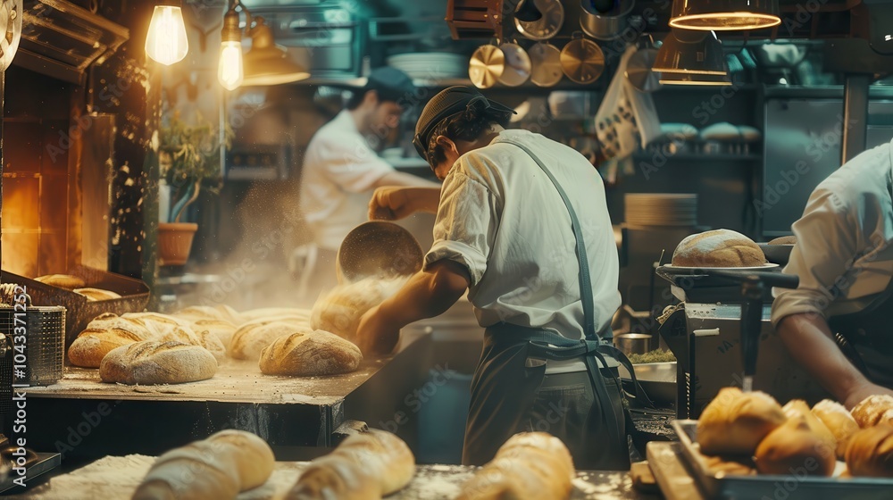Bakers Preparing Fresh Bread in a Busy Bakery Bakers Preparing Fresh Bread in a Busy Bakery