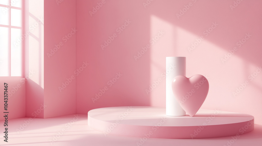 A simple, pink 3D room with a white cylinder stand, shaped like a heart, perfect for showcasing products. This minimal design is ideal for Valentine's Day presentations. A simple, pink 3D room with a white cylinder stand, shaped like a heart, perfect for showcasing products. This minimal design is ideal for Valentine's Day presentations.