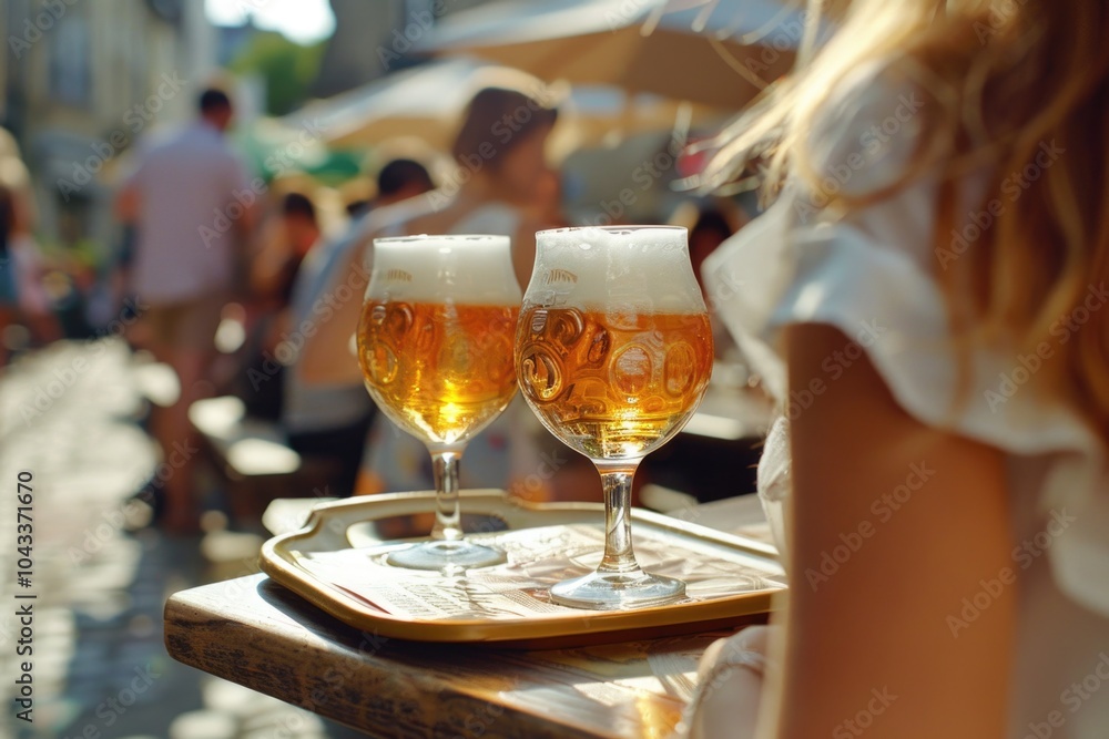 Obraz premium Two glasses of beer on a tray, ready to be served