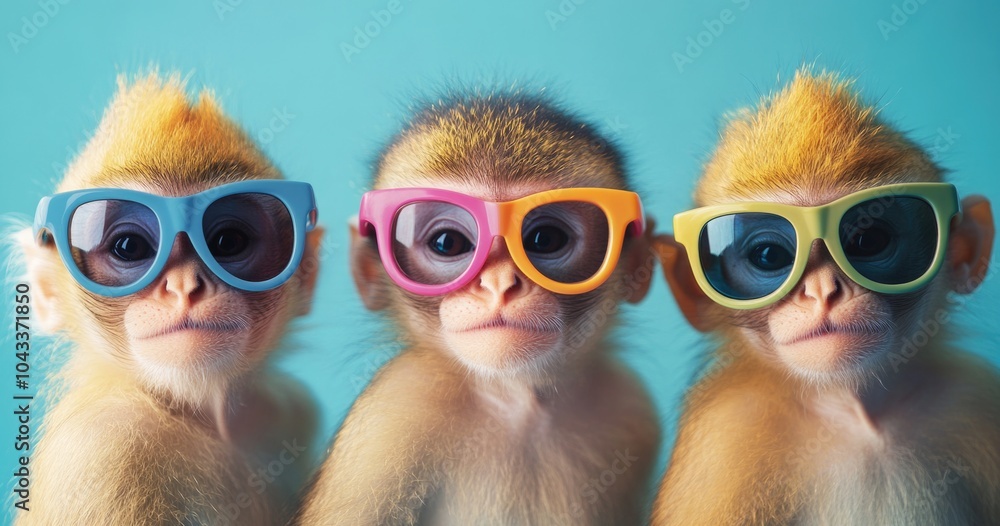 Poster Wandbilder Monkeys wearing colorful sunglasses funny animal concept. 40x22.2 cm