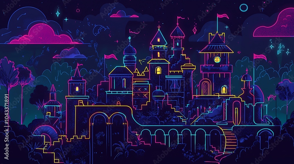Naklejka premium Colorful Neon Castle with Surrounding Landscapes