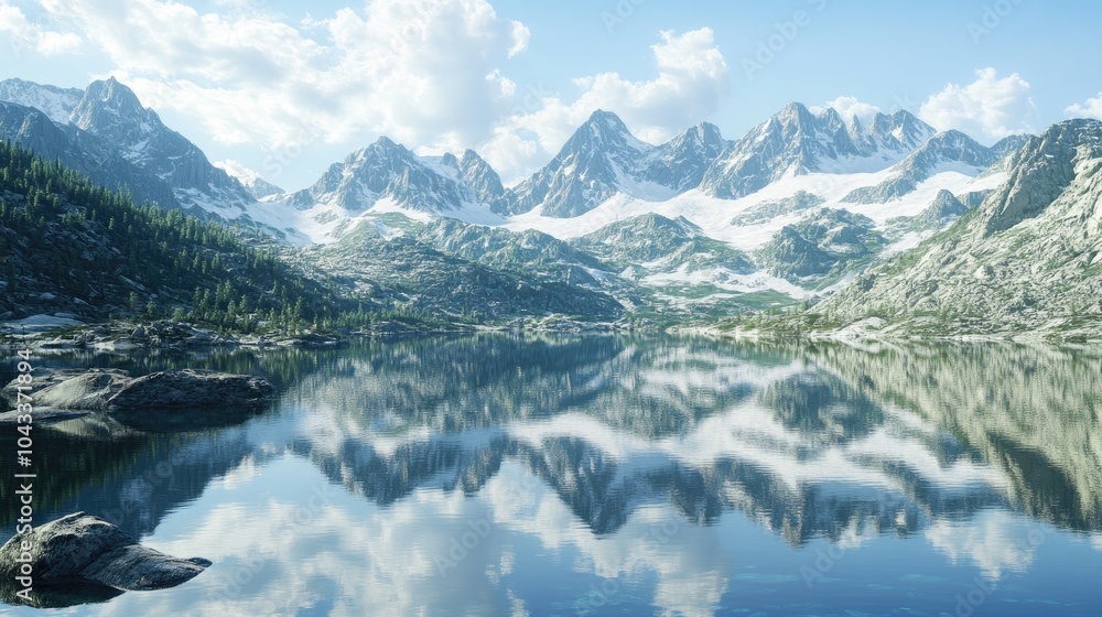 Naklejka premium Crystal-clear lake nestled among snow-capped mountains, with the peaks perfectly reflected in the still water