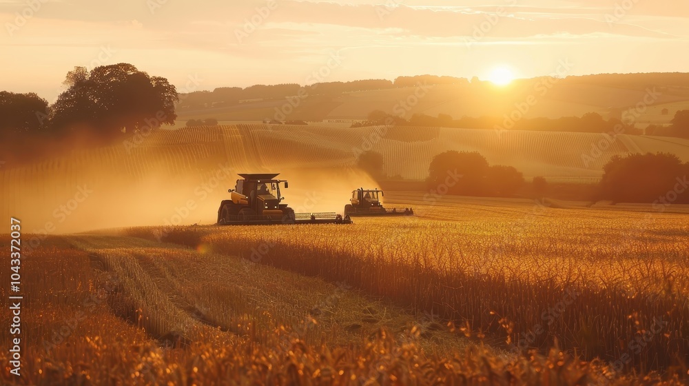 Fototapeta premium Farmers Harvesting Crops at Sunset in the Field