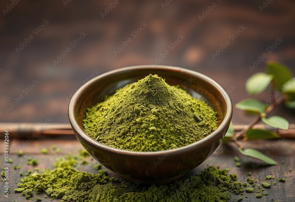 Bowl of Green Matcha Powder on Wooden Background Japanese Tea Ceremony Ingredient Bowl of Green Matcha Powder on Wooden Background Japanese Tea Ceremony Ingredient