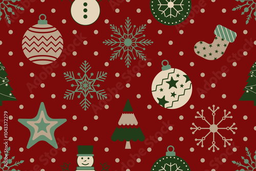 Christmas seamless pattern. Snowflakes,  Christmas ball and ornaments background design for decoration on Christmas card, banner, wrapping, wallpaper, textile, fashion.