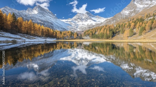 Perfect reflection of snow-capped mountains in a crystal-clear lake, capturing the serene beauty of nature in a stunning mirror effect