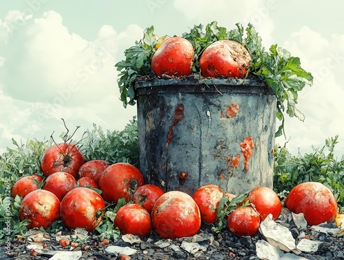 illustration depicts unused and rotten vegetables disposed of in the trash, symbolizing food waste issues and the need for sustainability in our daily lives while evoking a sense of loss photo