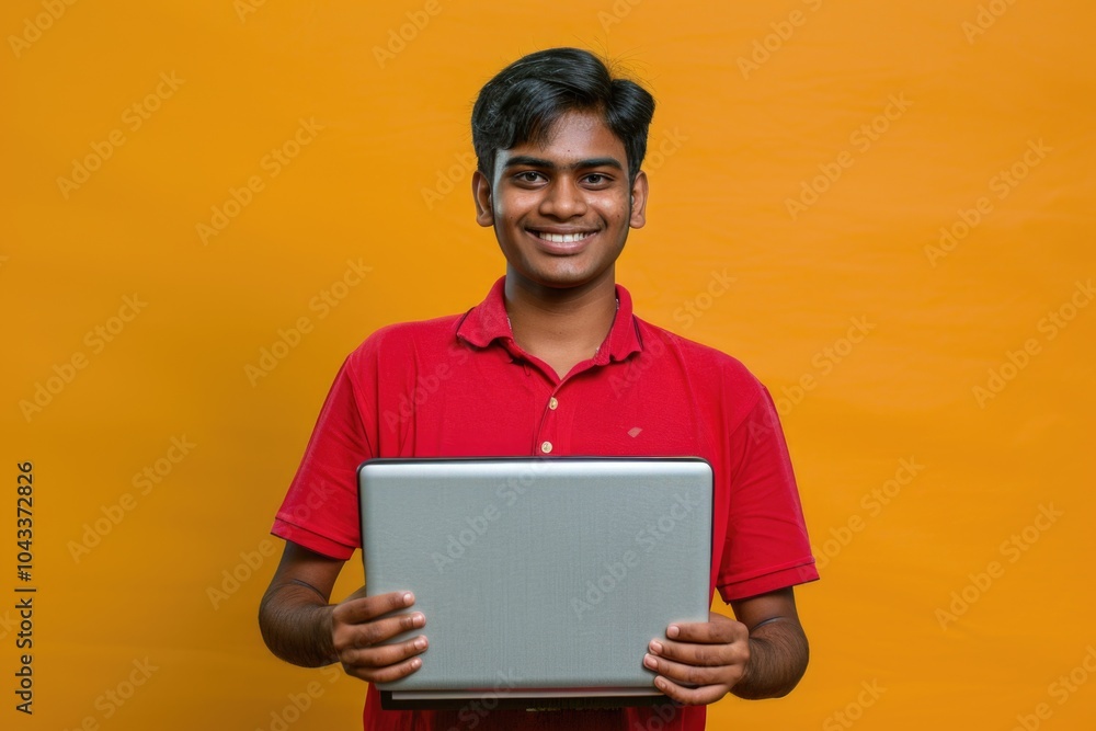 A person holding a laptop in a red shirt A person holding a laptop in a red shirt