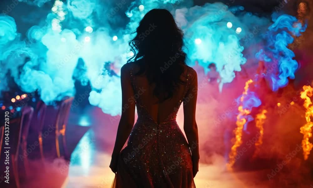 elegant woman at party event with shining spotlights