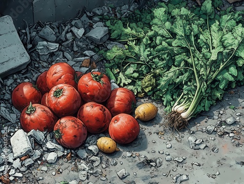 illustration depicts unused and rotten vegetables disposed of in the trash, symbolizing food waste issues and the need for sustainability in our daily lives while evoking a sense of loss photo