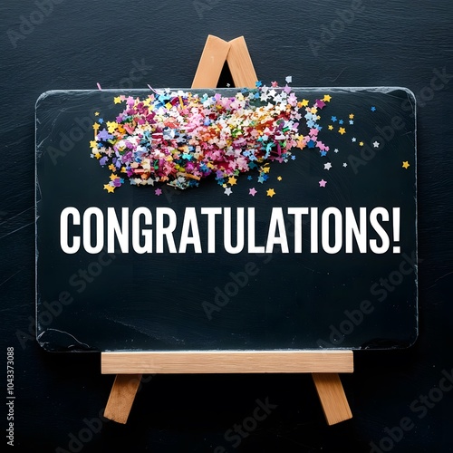Black chalk board with congratulations text lettering & sprinkles on it