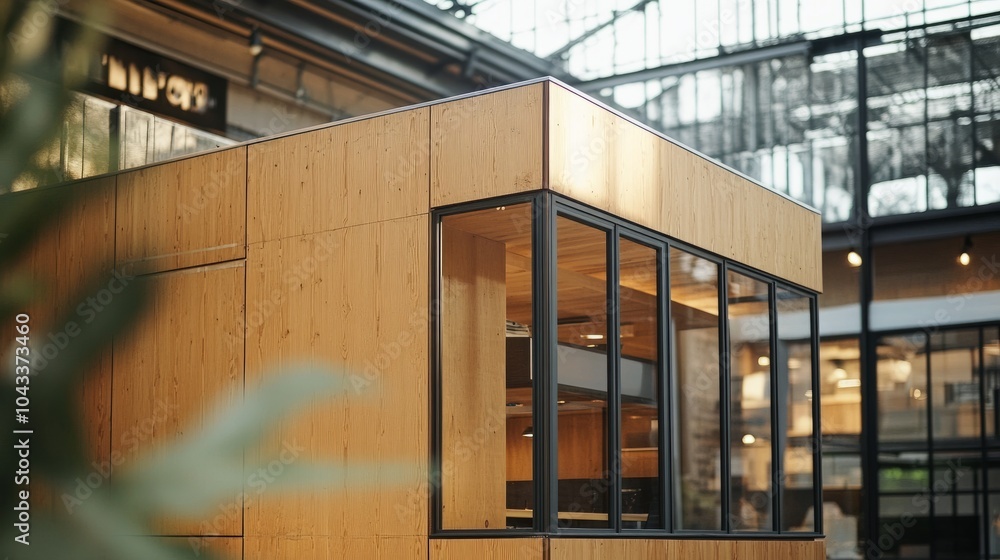 Obraz premium Close-up of a wooden modular home with glass windows, showcased in a modern industrial space.