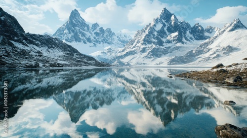 Wallpaper Mural A crystal-clear mountain lake reflecting towering snow-covered peaks, creating a breathtaking mirror-like natural scene Torontodigital.ca