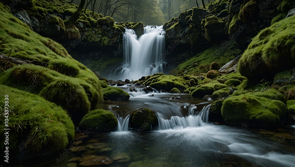 Fototapeta premium A waterfall cascading down mossy rocks into a stream. Green moss covers the rocks.