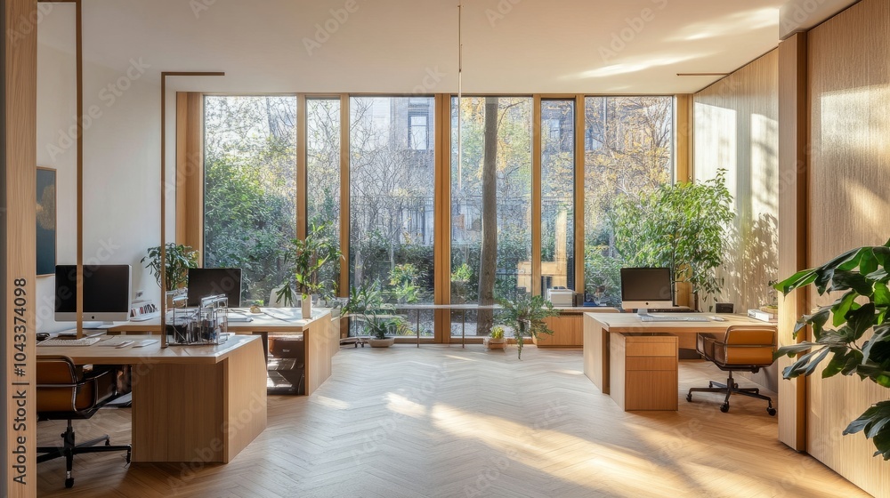 Cozy office space with minimalist desks, parquet floors, and glass walls offering garden views Cozy office space with minimalist desks, parquet floors, and glass walls offering garden views