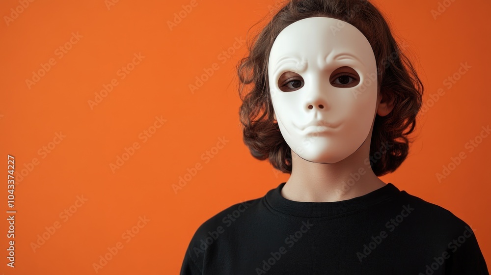 A person wearing a white mask against an orange background A person wearing a white mask against an orange background