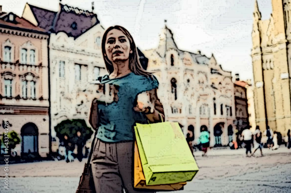 Fototapeta premium Shopping, happy and portrait of customer with bag after shopping spree buying retail fashion product on store discount. Sales, smile and young black woman at luxury shopping mall to purchase clothes.