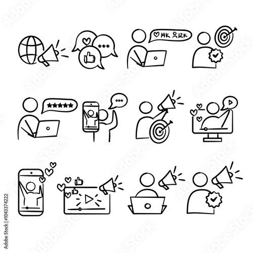 Influencer icon set collection. Hand drawn doodle of content creator theme icons pack. Vector flat line stroke style of  online marketing and branding illustration concept design.