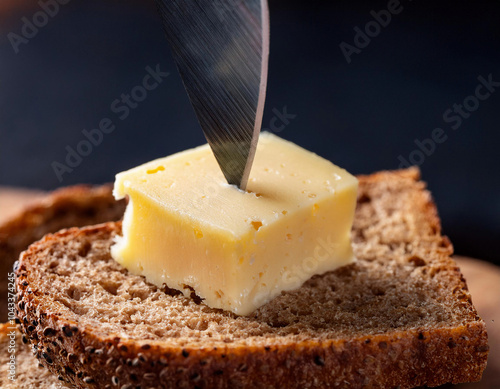 kashkaval cheese on top of seeded rye bread with a knife  on wooden cutting board on dark background. close up.  photo