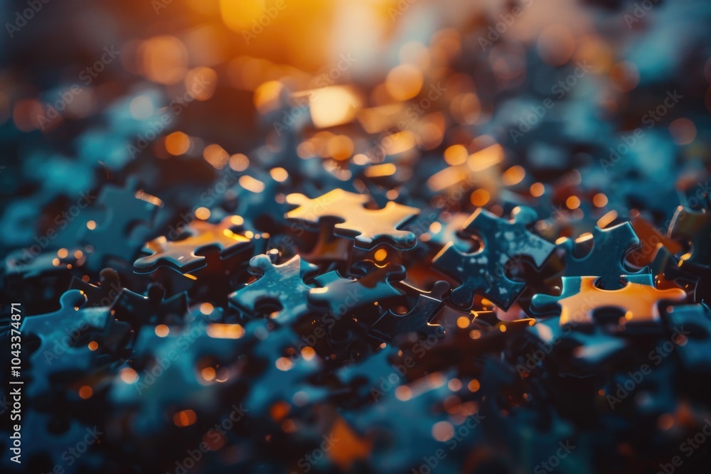 A collection of puzzle pieces arranged on a flat surface, ideal for use in illustrations about problem-solving or creative thinking A collection of puzzle pieces arranged on a flat surface, ideal for use in illustrations about problem-solving or creative thinking