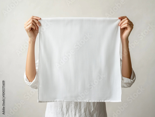 White tea towel textile linen fabric wash cloth woman holding mockup template blank space background home kitchen baking branding product packaging hygiene presentation eco organic soft