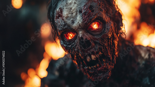 Scary zombie with glowing eyes rising from fire background for halloween