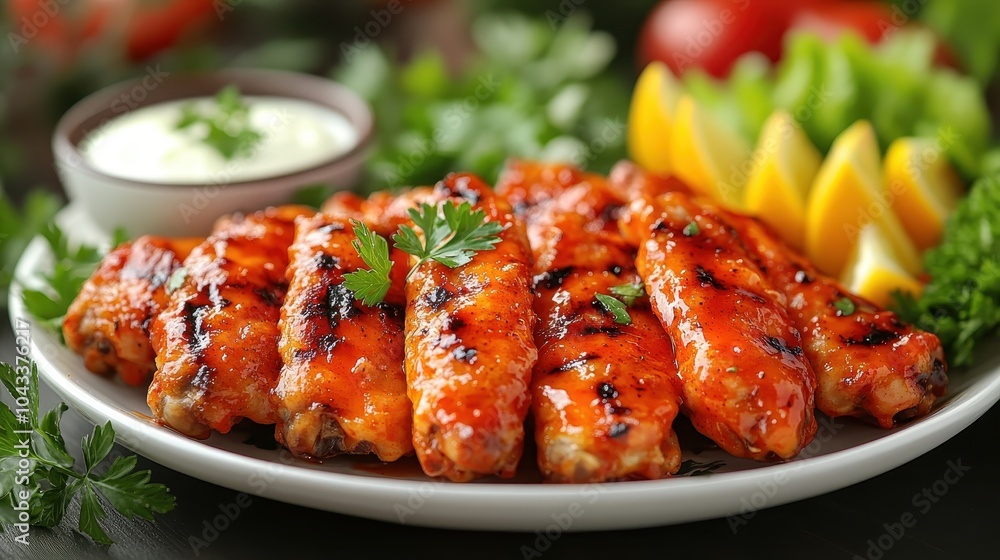 Delicious grilled chicken wings with spicy sauce and fresh sides Delicious grilled chicken wings with spicy sauce and fresh sides