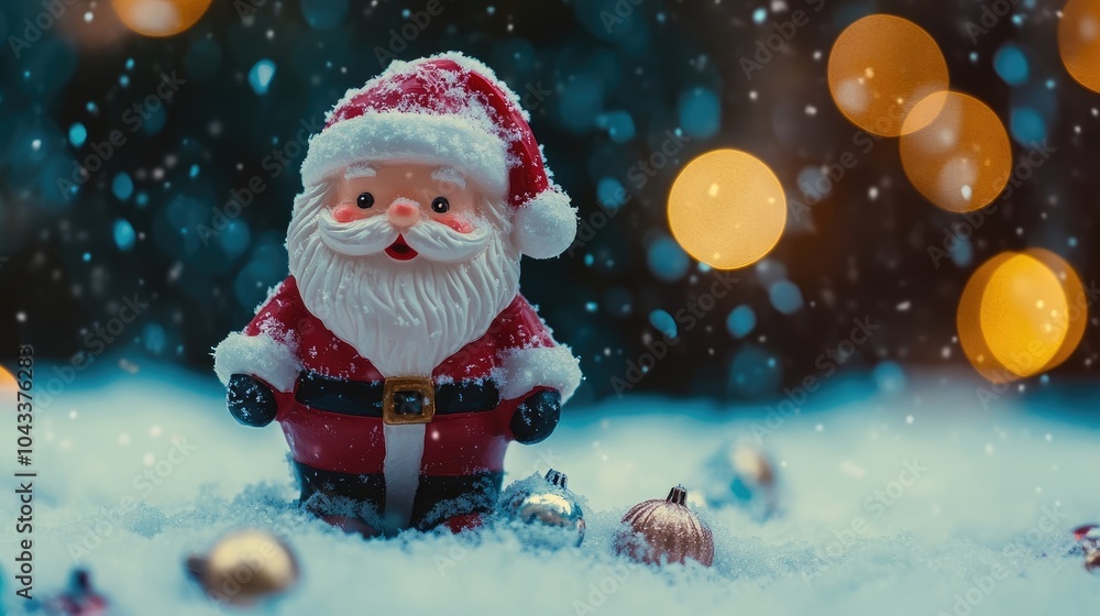 Photo of santa claus figurine on snow background with blurred bokeh light Photo of santa claus figurine on snow background with blurred bokeh light