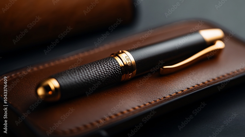 Close-up of a luxurious brown and gold pen on a brown leather case. Close-up of a luxurious brown and gold pen on a brown leather case.