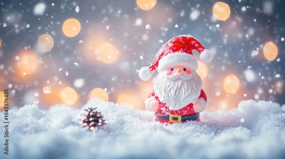 Photo of santa claus figurine on snow background with blurred bokeh light Photo of santa claus figurine on snow background with blurred bokeh light