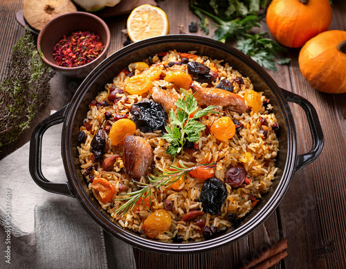 Traditional hot Pilaf with dried apricots, raisins and herbs in a rustic baking dish on a wooden table with photo